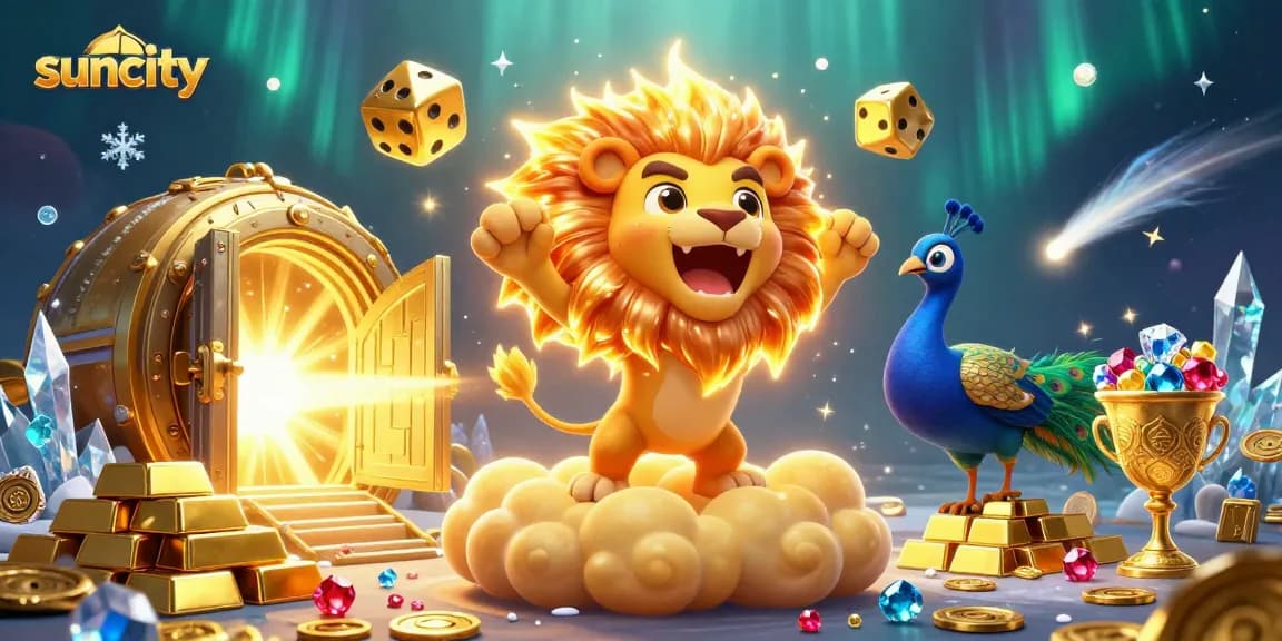 Suncity showcases a vibrant 3D casino scene with golden elements and a roaring lion.