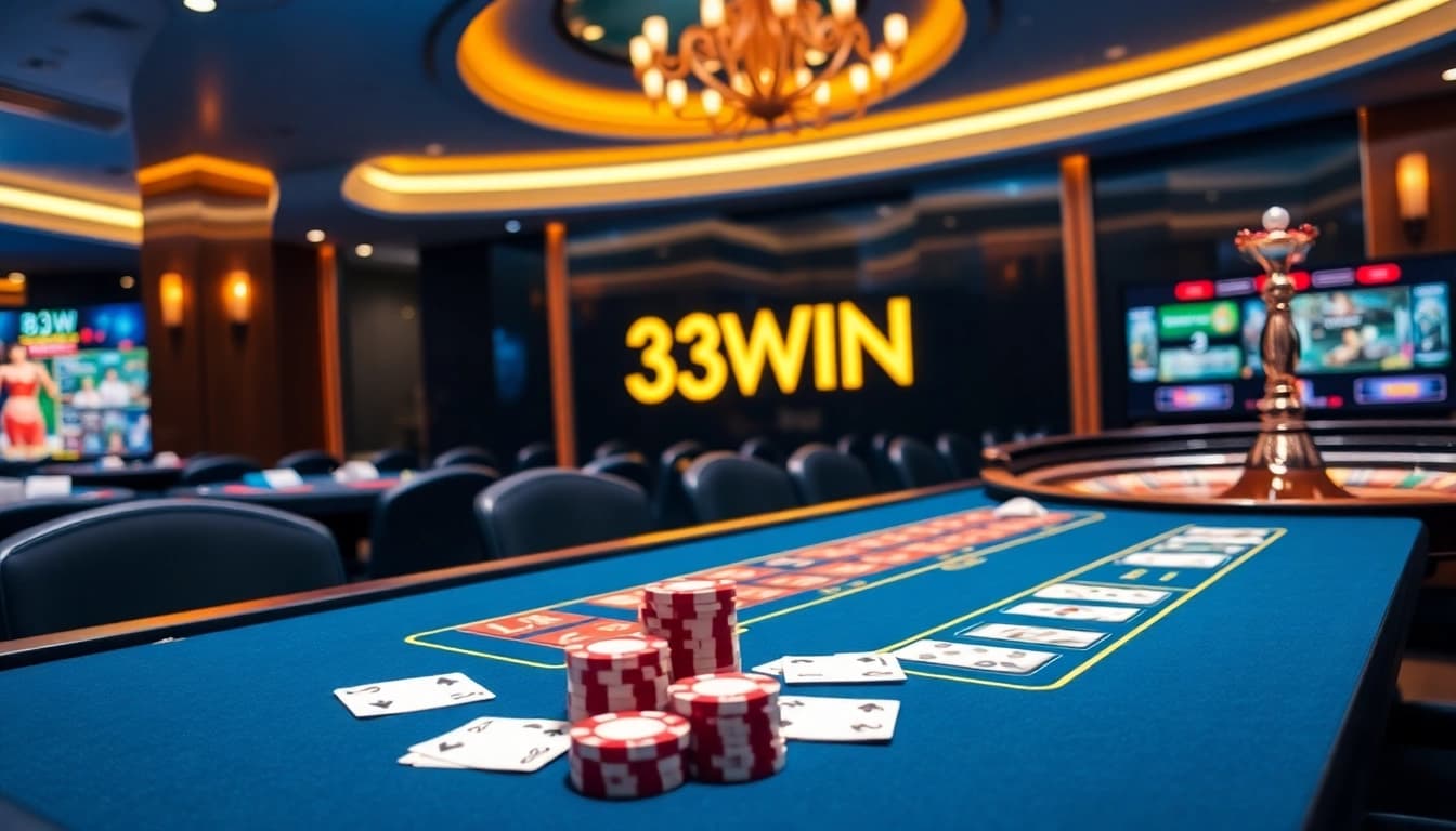Experience the excitement of gambling on the trang chủ 33win, featuring a luxurious casino scene with a roulette wheel and poker chips.