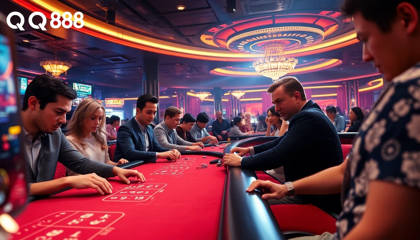 Thrilling casino gaming at QQ88 with engaged players and vibrant atmosphere.