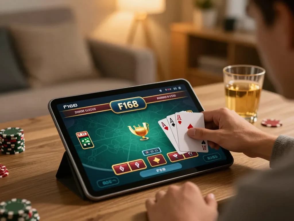 Player strategizing in an online poker game on F168 tablet.