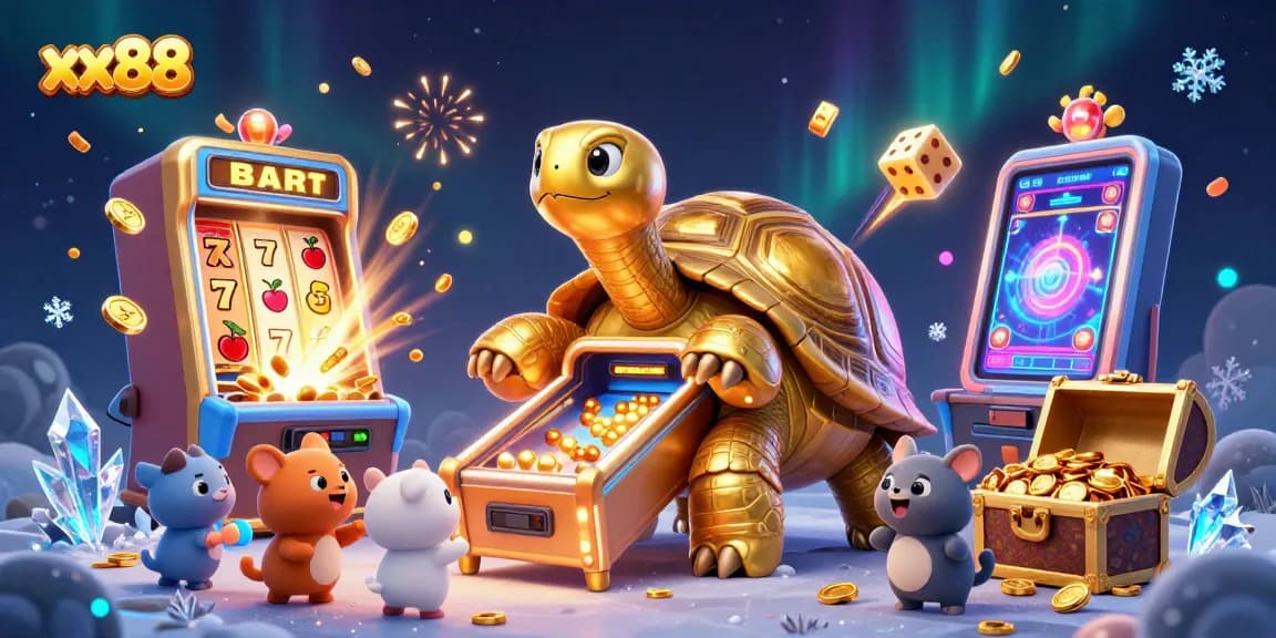 Experience the excitement of xx88 with a vibrant 3D casino illustration featuring a colossal tortoise pinball machine.