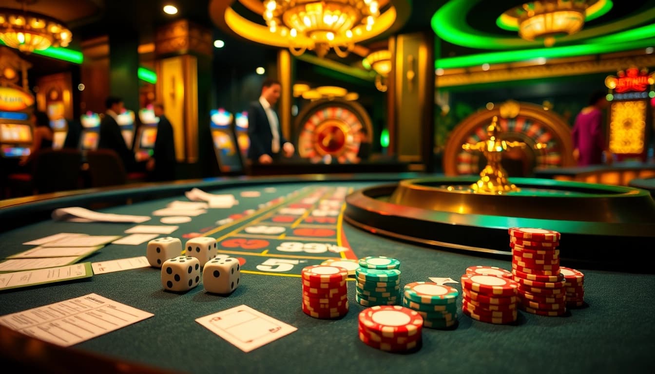A player engaging in the thrilling game b62 tài xỉu with colorful chips and dice on a casino table.
