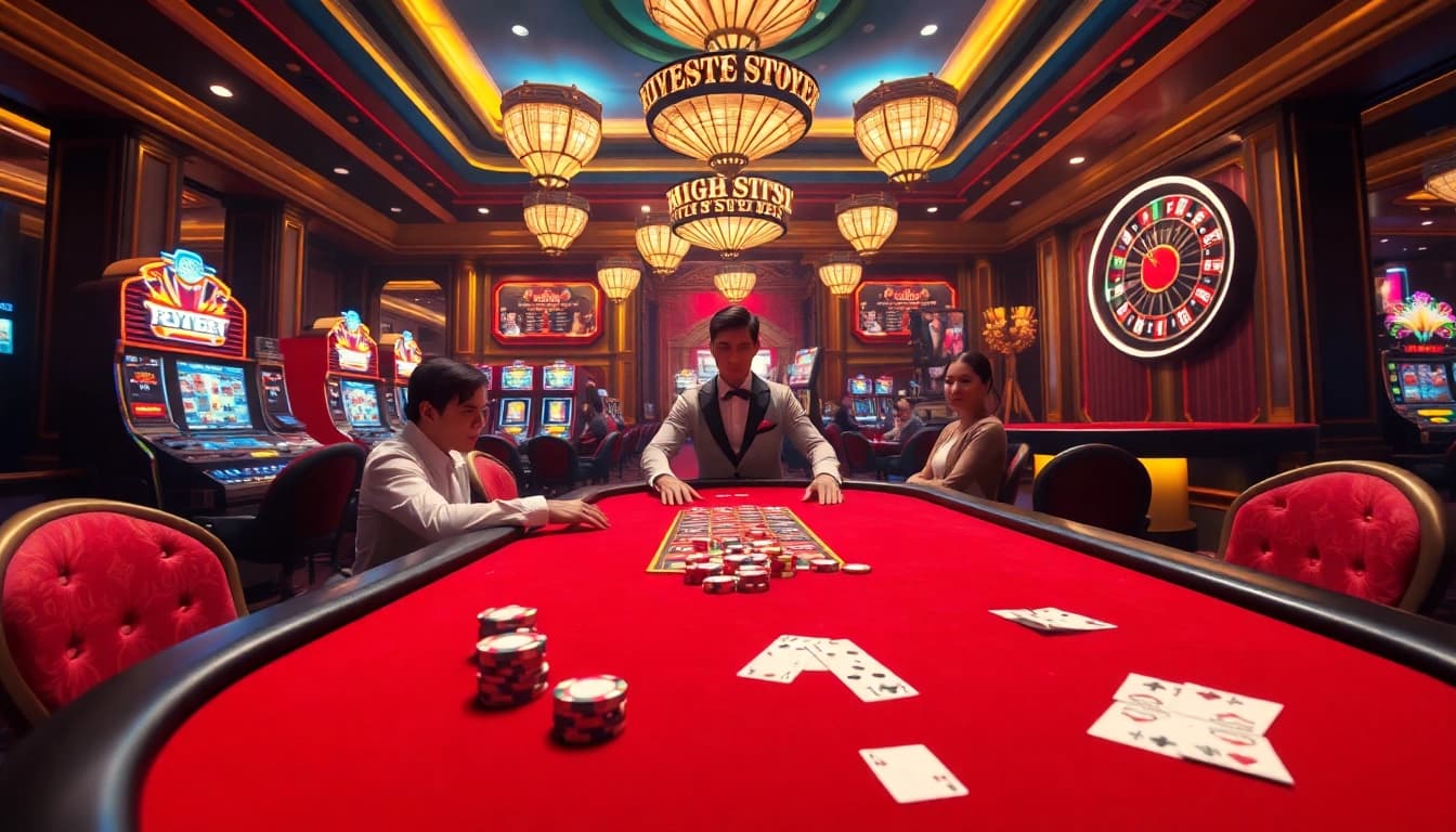 Exciting Go8 casino scene with players at a poker table and illuminated slot machines.