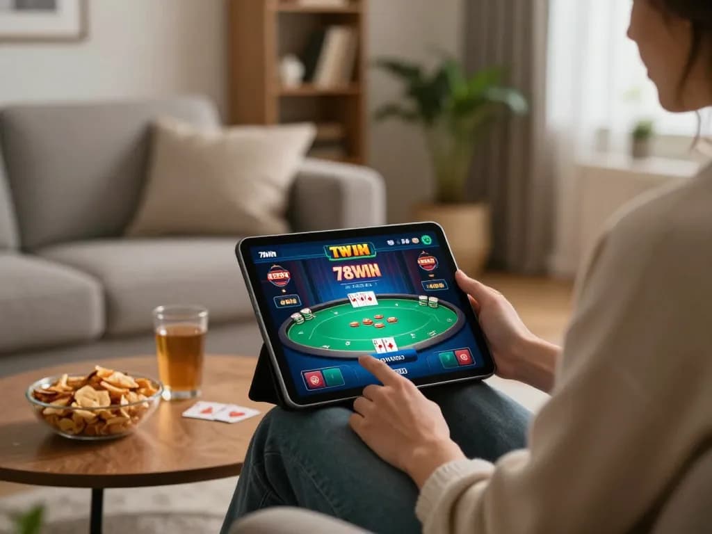 Player enjoying poker at home using the 78win app on a tablet while relaxing.