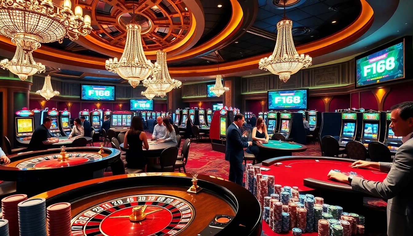 F168 casino scene with roulette table and excited gamblers in a luxurious setting.