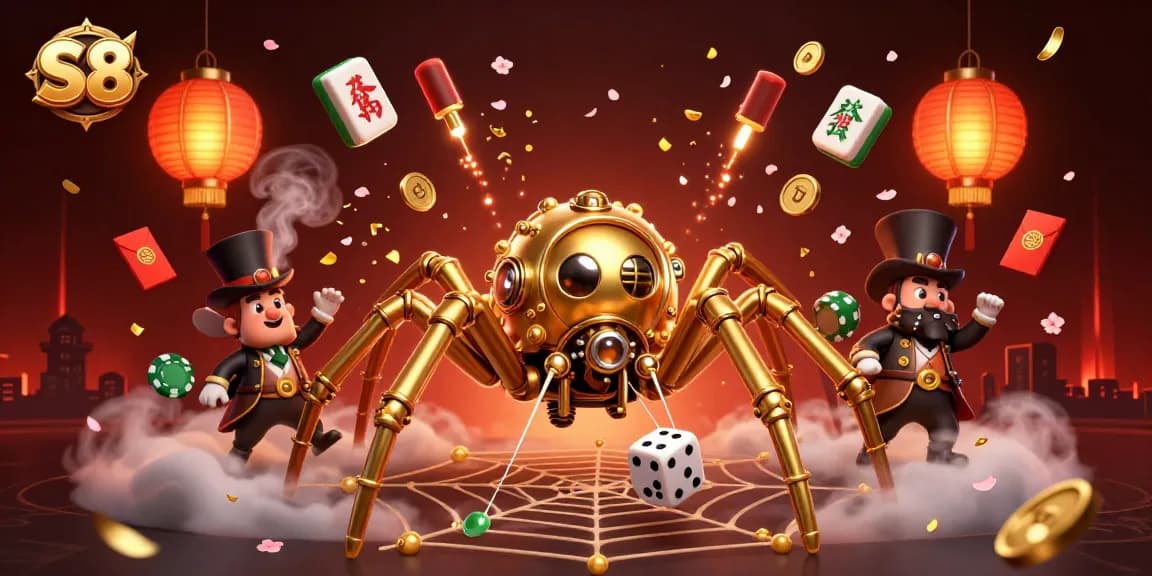 S8 platform features a captivating scene of gambling with a steampunk spider and interactive game elements.