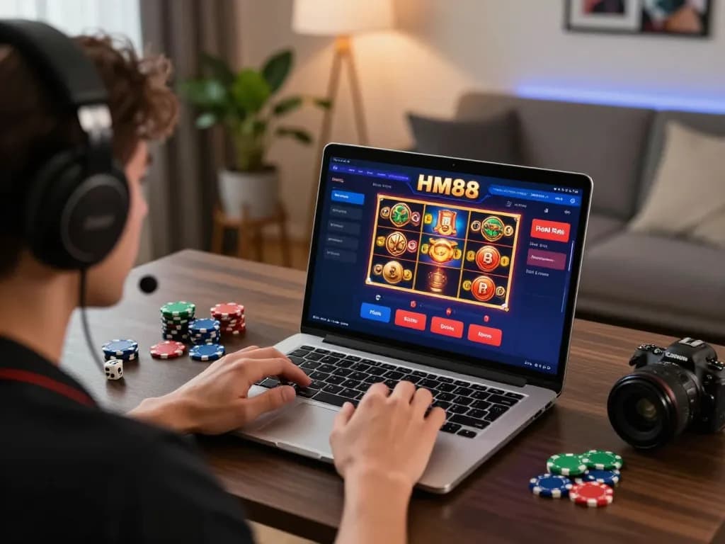 Engaged player experiencing HM88 online casino gaming on a laptop in a cozy home setting.