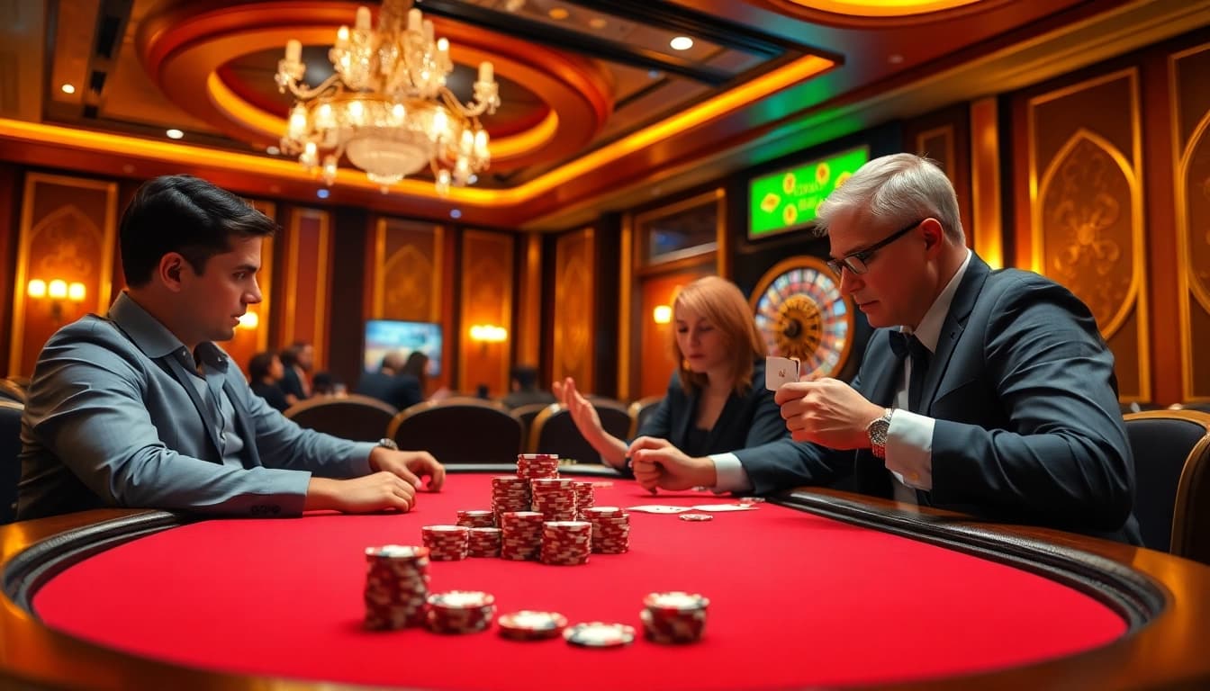 Players enjoying an intense game of poker at RR88 casino, showcasing high stakes and excitement.