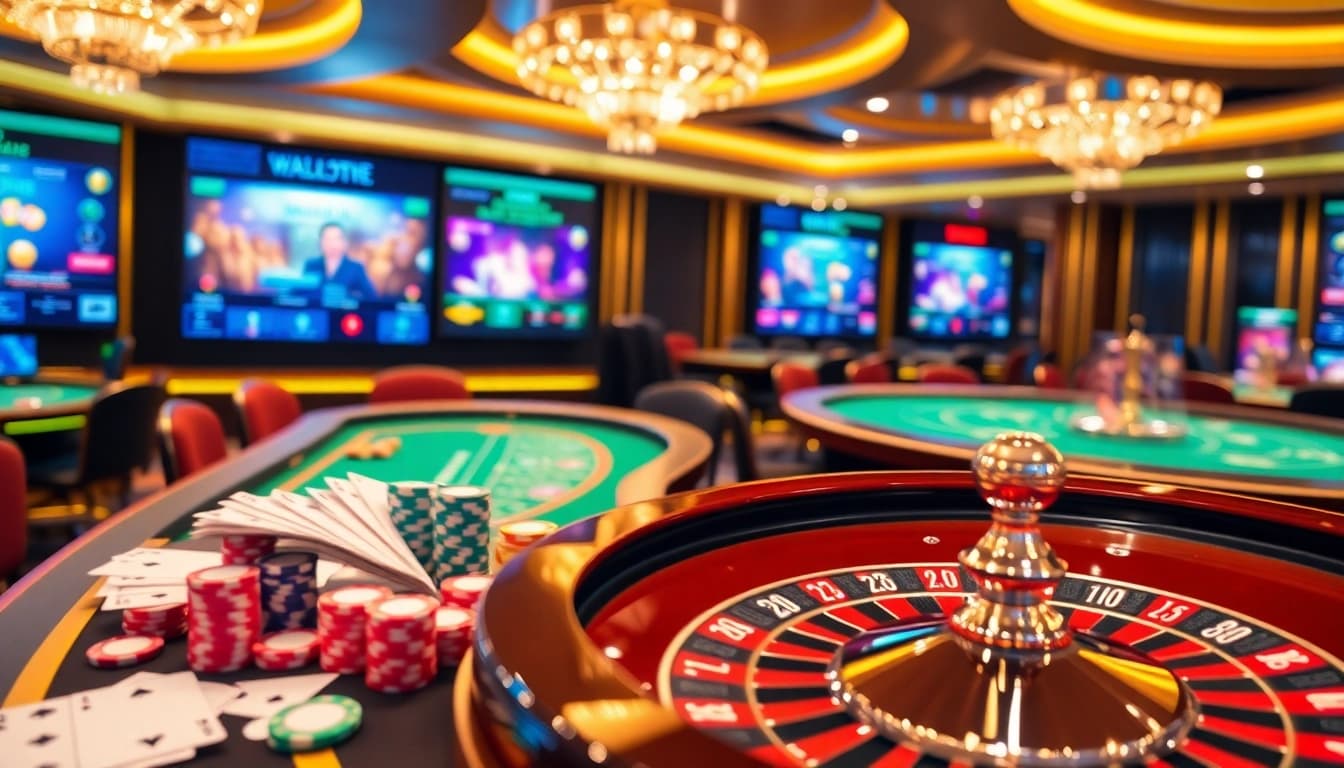 Experience thrilling online gambling at https://789betai.online/ with vibrant casino tables, roulette wheels, and interactive betting screens.