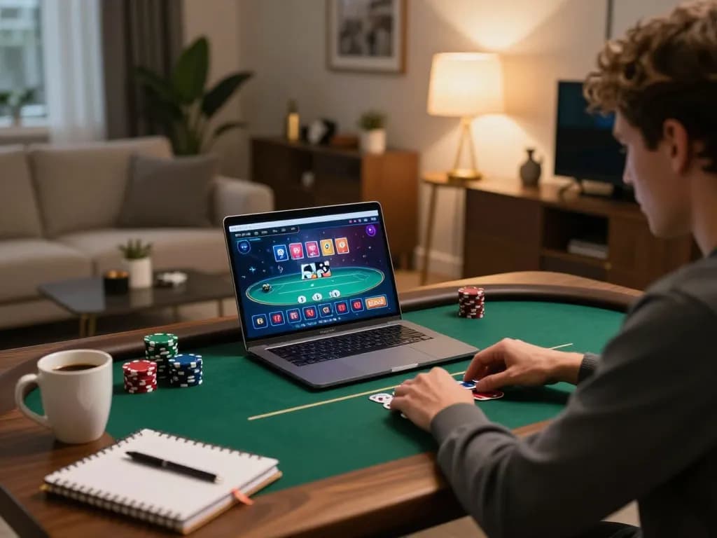 Engaging in a poker game on the ManClub platform from a stylish home setup, showcasing strategic gameplay.