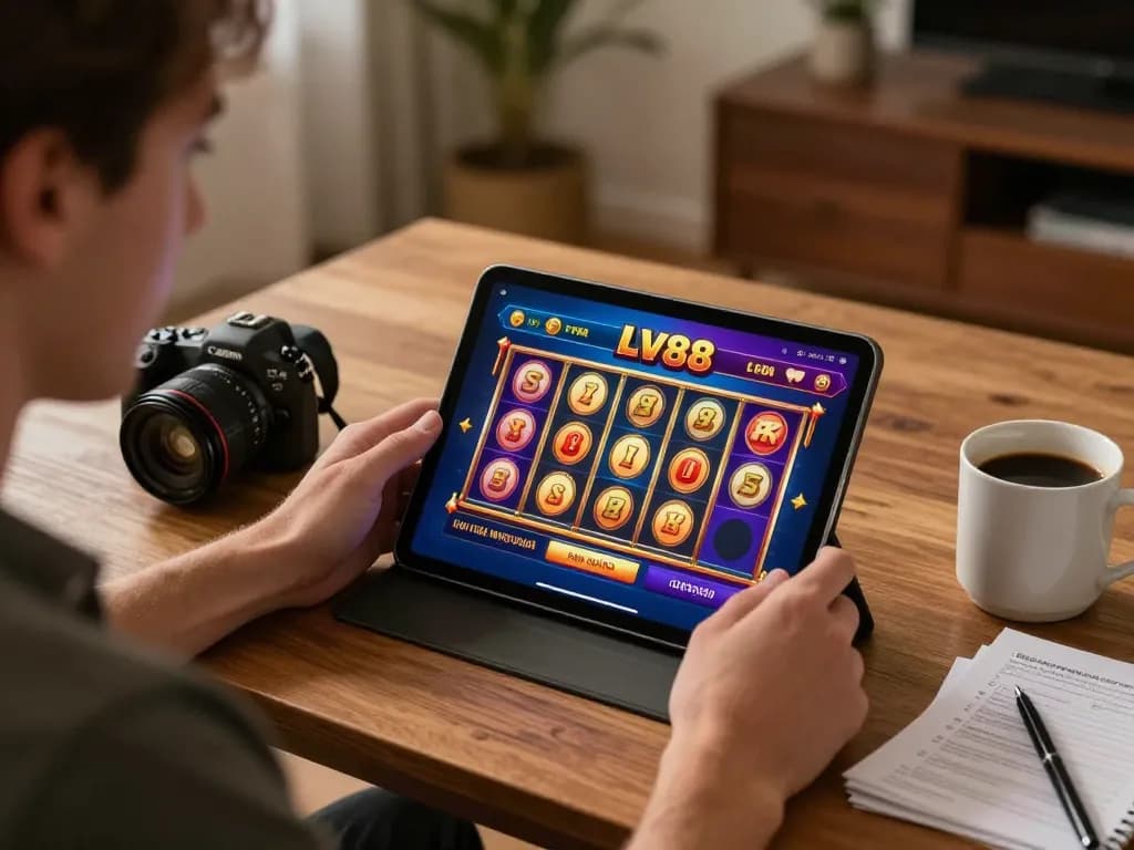 Player engaging in LV88 online slot action with focused strategy notes in warm home setting.
