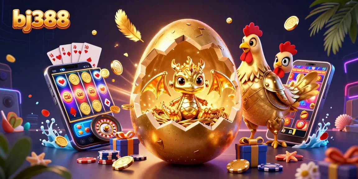 Experience the thrilling magic of bj388 with a golden egg revealing a treasure-filled dragon amidst dynamic casino elements.