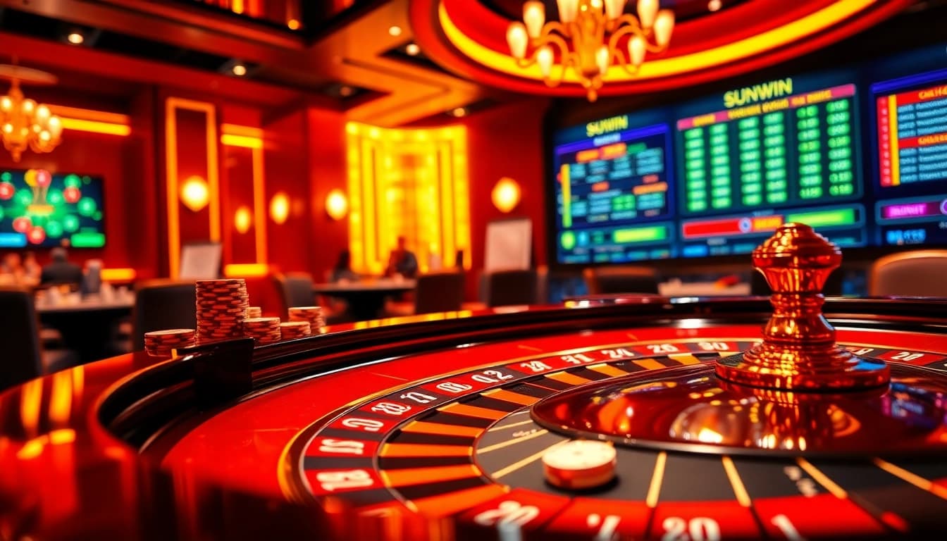 TẢI SUNWIN and experience a thrilling roulette table in a luxurious casino atmosphere.