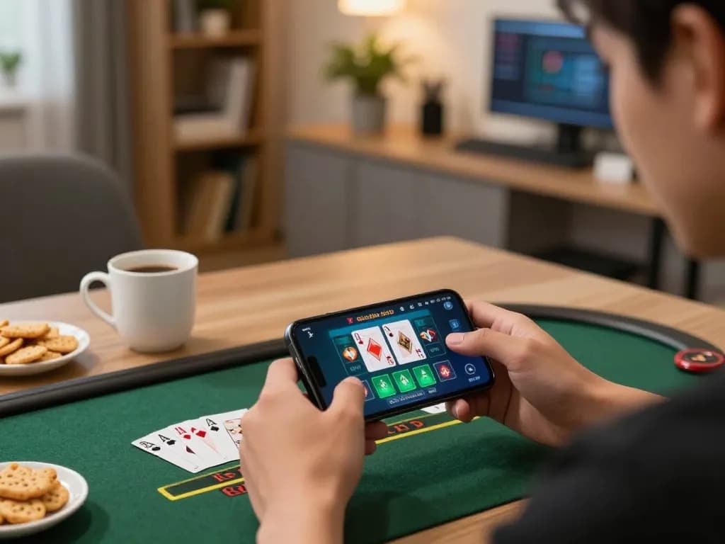 Person playing blackjack on xocdiaclub app in a cozy home office setting.