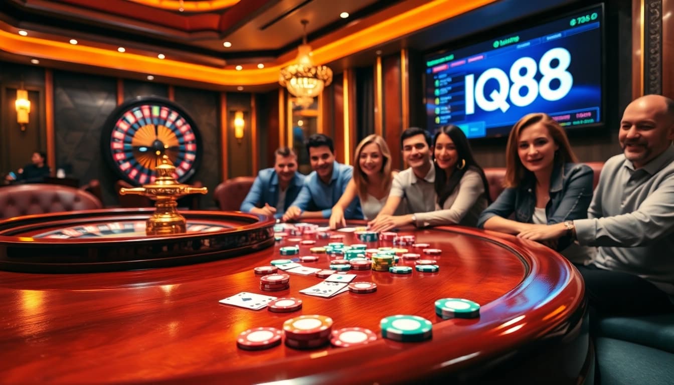 Players enjoying exciting gambling games at IQ88 casino with a vibrant poker table and roulette wheel.