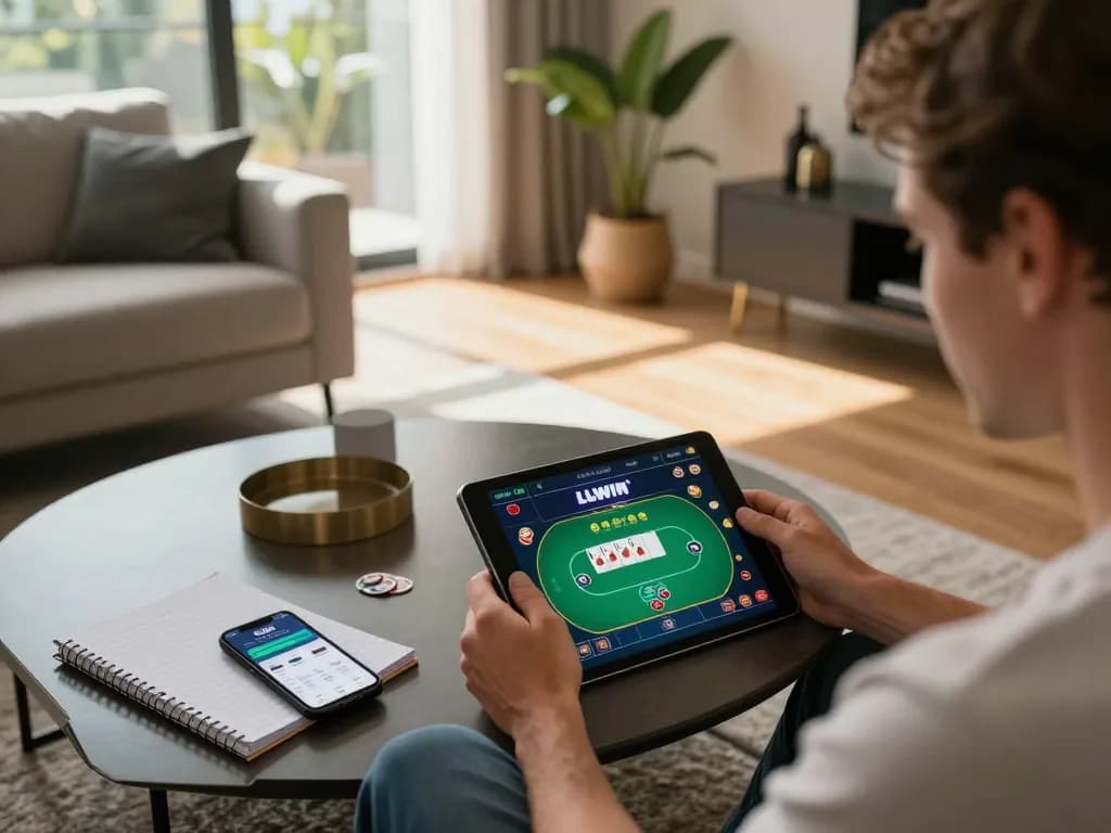 Engaging scene of a player accessing llwin Download on a tablet, enjoying a strategic online gaming experience in a stylish home