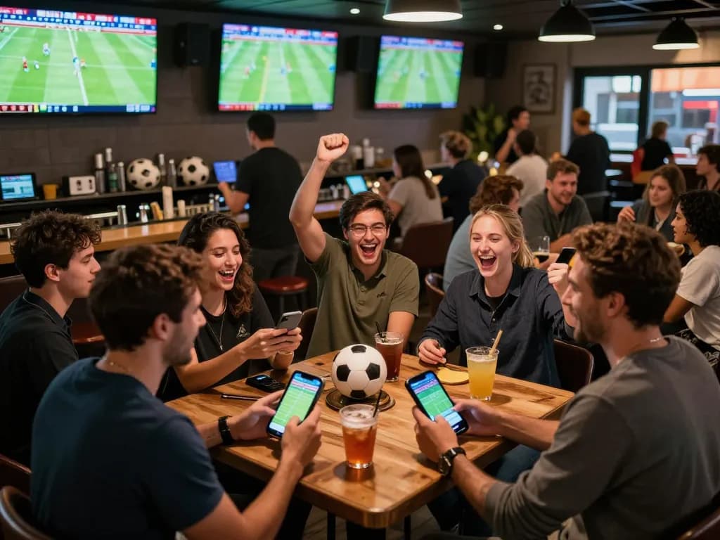 Engaged sports bettors analyzing kèo bóng đá while enjoying live matches in a vibrant sports bar atmosphere.