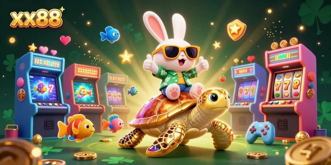 Spin the reels with xx88 as a lucky rabbit rides a golden sea turtle in a dynamic casino scene.