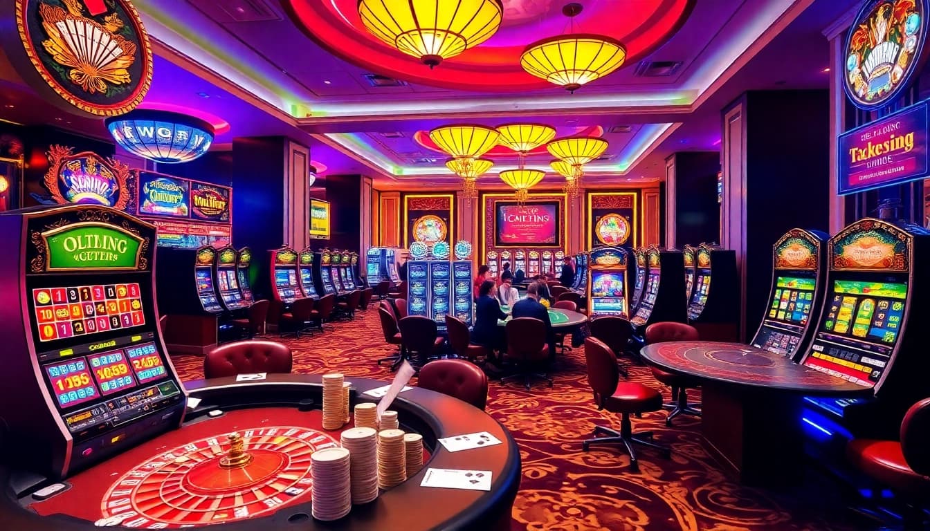 Exciting gambling scene at nhà cái five88 featuring poker games, roulette tables, and slot machines.