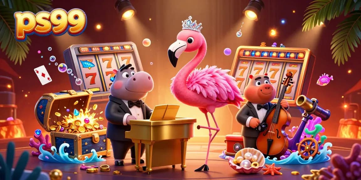 Experience vibrant fun at ps99 with a flamingo singer and hippo bassist amidst jackpot reels and colorful treasures.