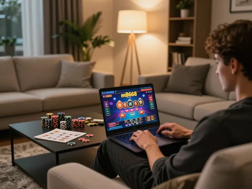 Player engaging with mb668 casino game on laptop in stylish home environment with cozy ambiance