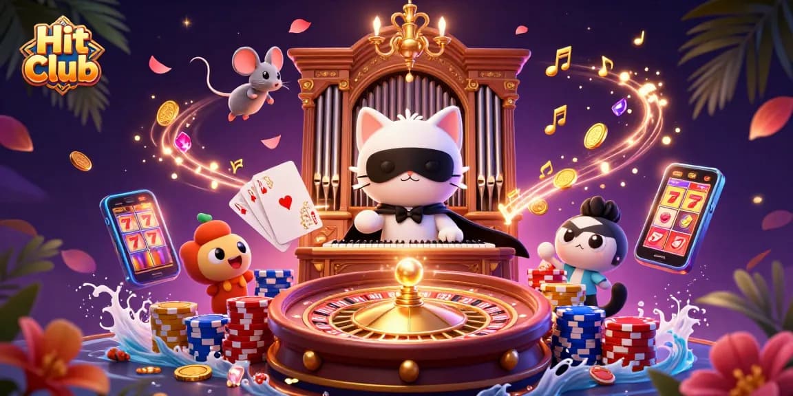 Hit Club casino scene with a whimsical cat and acrobat, showcasing thrilling gaming elements.