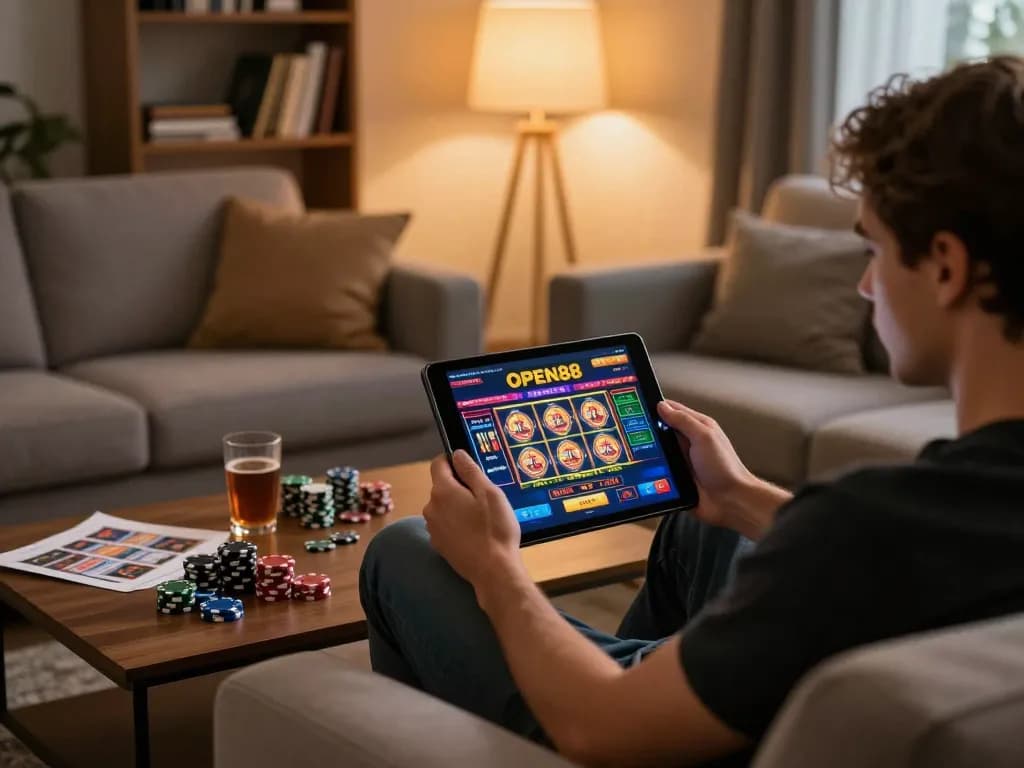 Person engaging with the OPEN88 casino app on a tablet, surrounded by gaming tools and strategy notes.