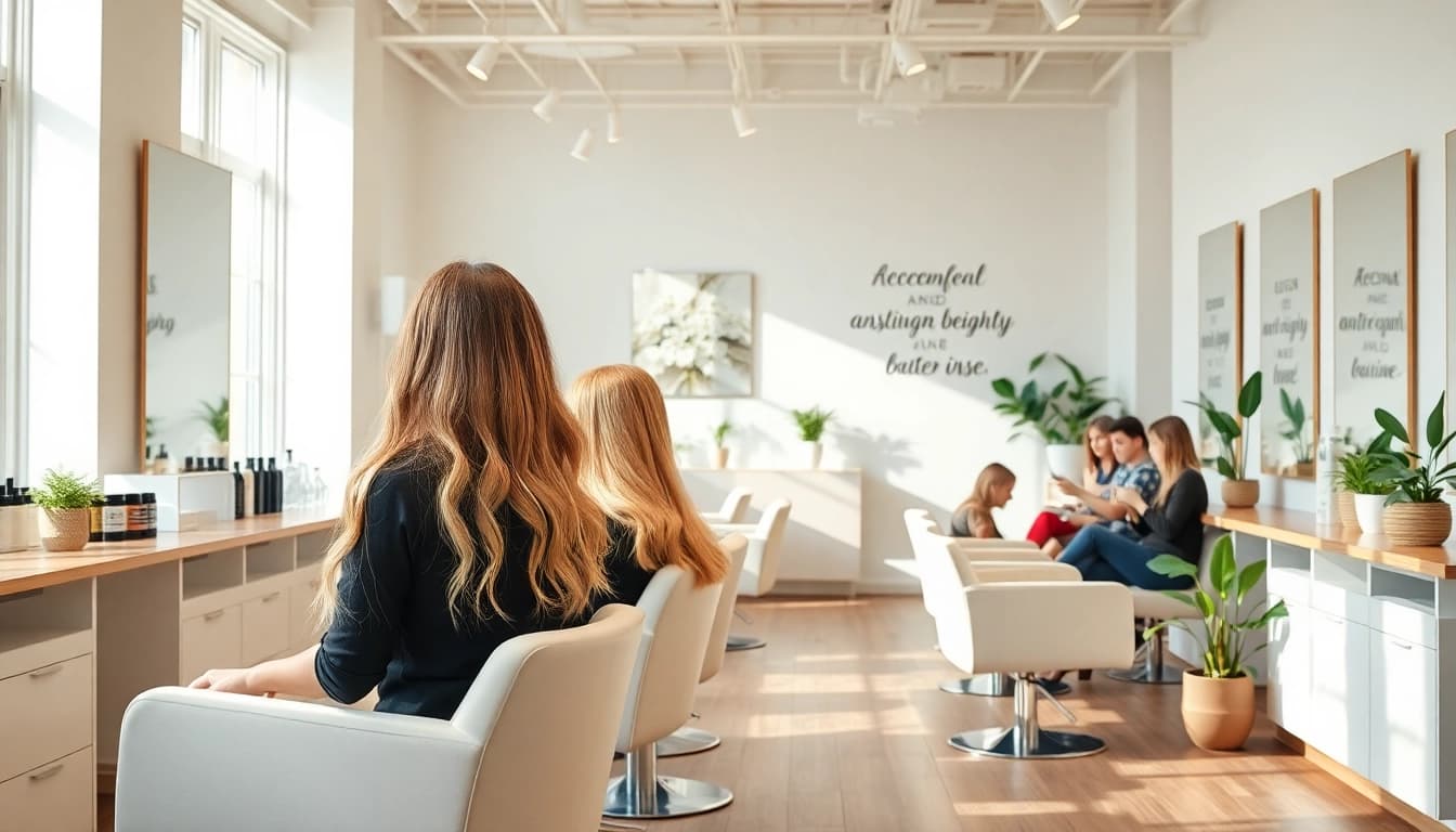 Omnia Salon showcasing a modern, inviting interior with hairstyling stations and vibrant hair colors.
