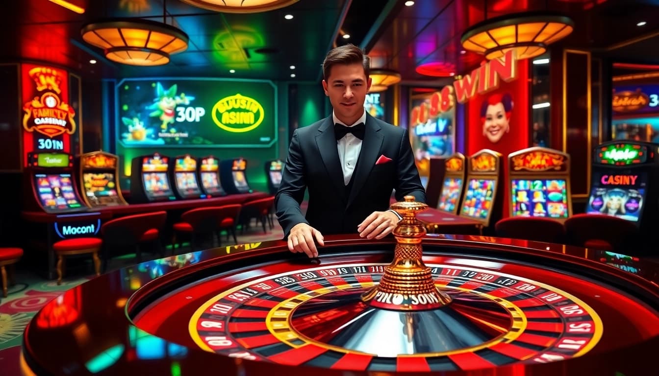 Experience the excitement of gambling at 98win with a vibrant casino scene featuring tables, chips, and joyful players.