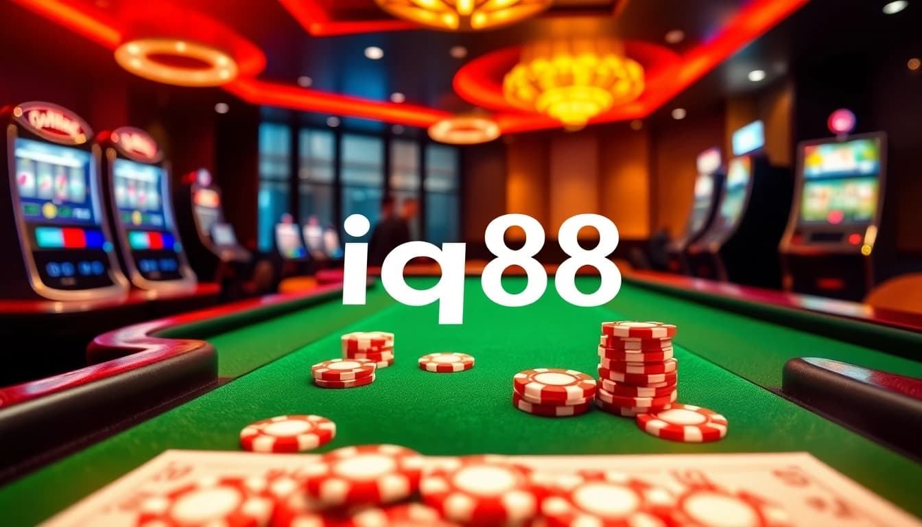 Exciting online gambling scene at iq88 with luxurious casino tables and vibrant slot machines.