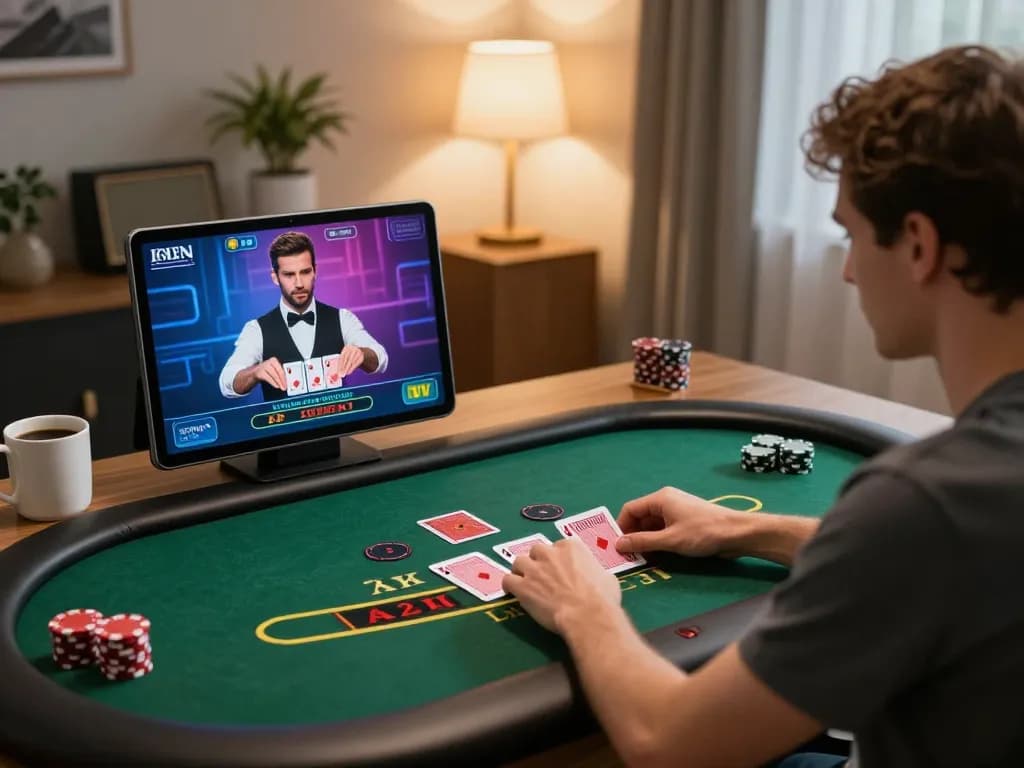 Player engaging in online blackjack at home with dn 888 highlighted on tablet screen