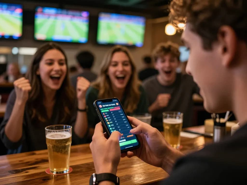 Kèo nhà cái hôm nay displayed on a smartphone during an exhilarating sports betting moment with friends, showcasing the energy of live betting.