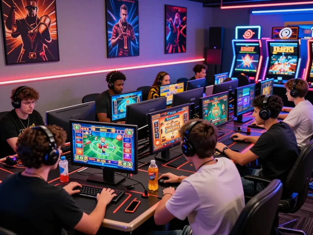 Players immersed in the exciting online gambling experience at BL555, showcasing vibrant games and high-tech setups in a lively atmosphere.