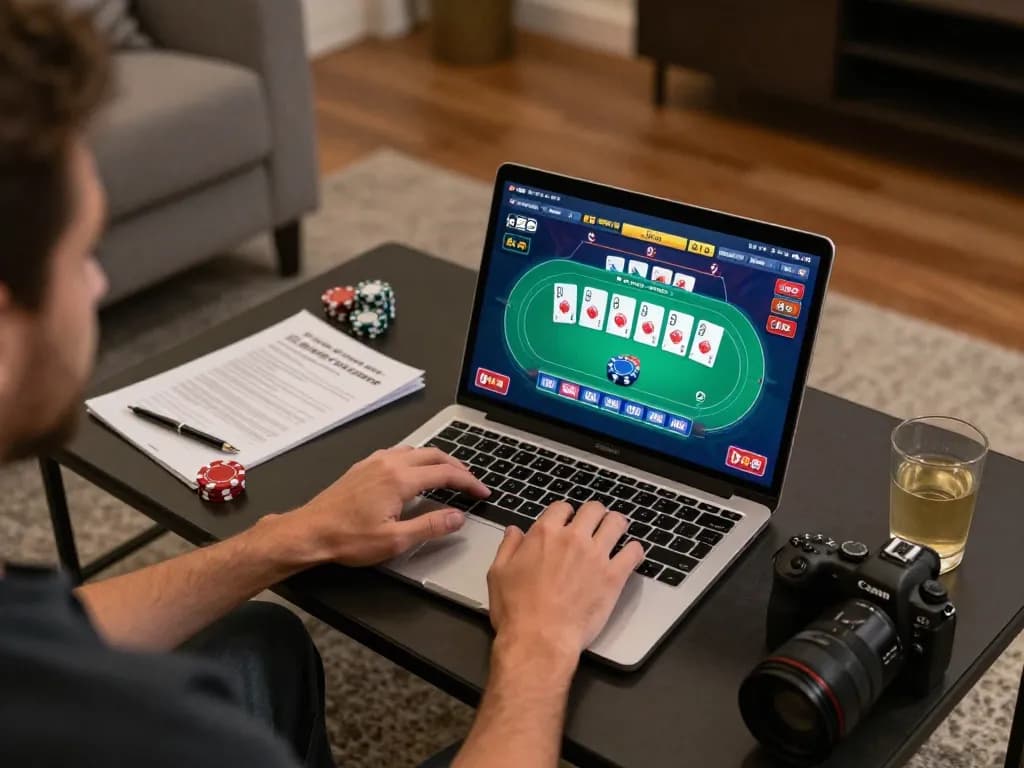 Player strategizing while enjoying online poker session at go88, showcasing engaging gameplay and cozy environment