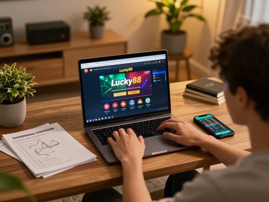 Engaged player using Lucky88 online casino interface on a laptop at home, promoting strategic gambling.
