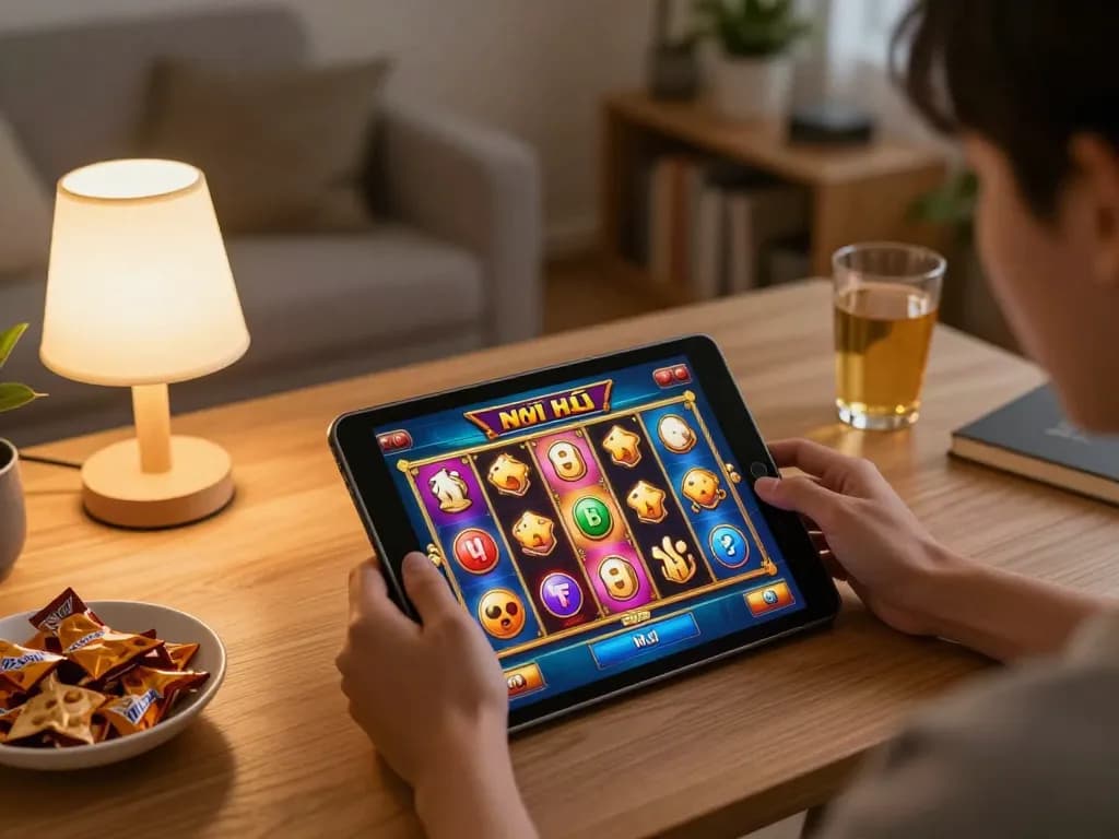 Engaging in game nổ hũ on a tablet in a cozy home setting with vibrant graphics.