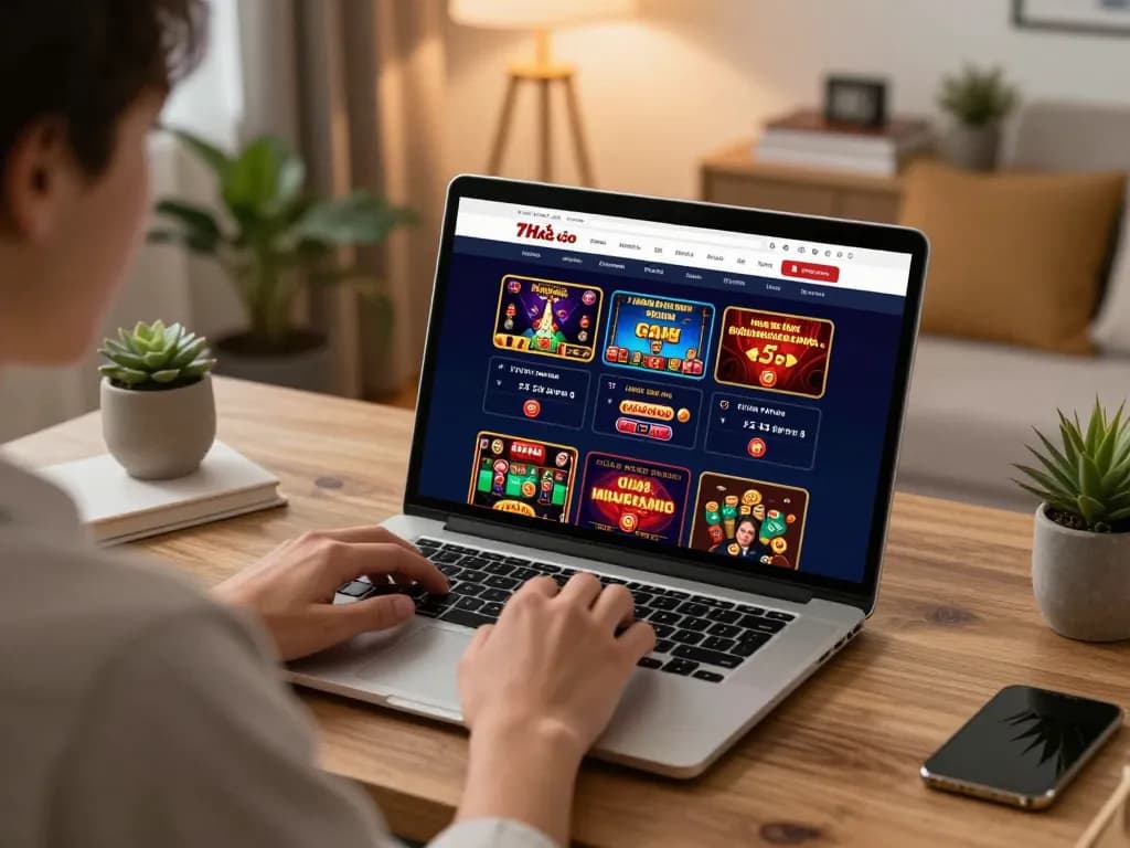 Engaging online gameplay session at nhà cái 78win showcasing various casino games on a laptop in a cozy home office.