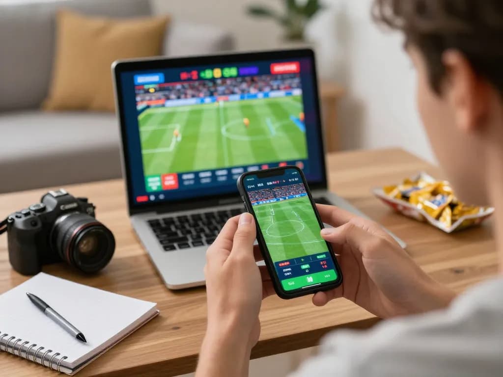 Engaging in sports betting on a smartphone highlighting ee88 nhà cái with strategic choices in a cozy home setting