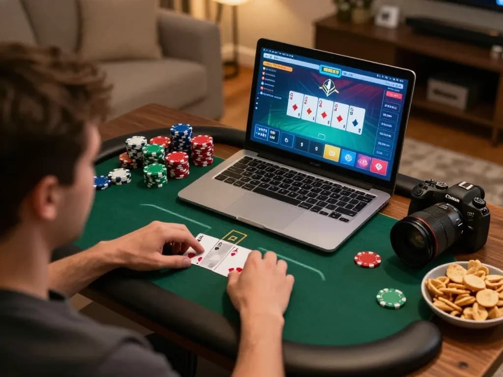 Player strategizing in online poker game com with laptop at home, showcasing an engaging gambling atmosphere.