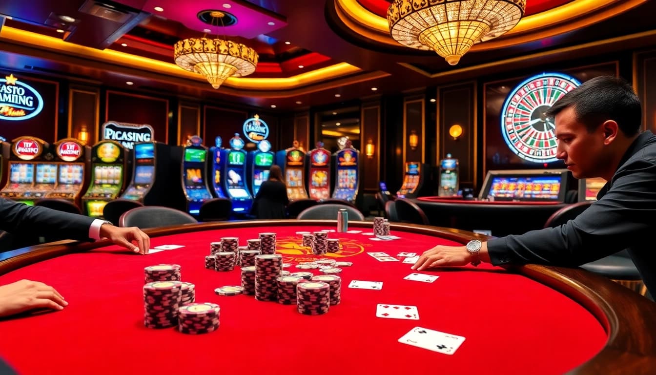 A captivating scene at 98win casino showcasing players at a poker table with vibrant bets and luxury surroundings.