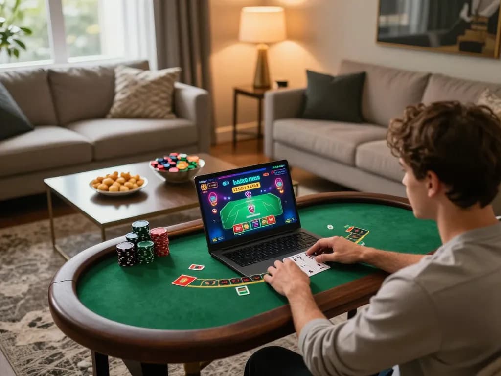 Player engaging with blackjack game on luck8 college in a cozy home setting.