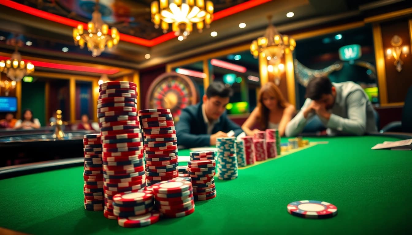 Engaging poker scene featuring cm88.pw chips and cards in a luxury casino atmosphere.