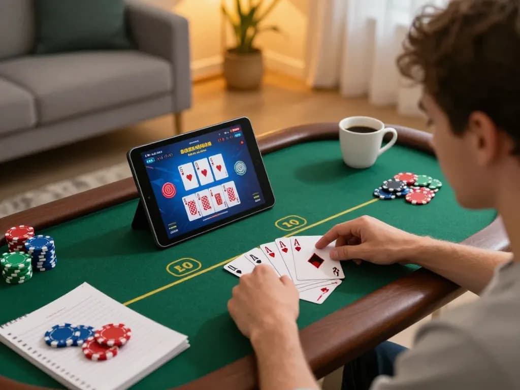 Engaging in an online poker game on 11win with strategy notes at home in a cozy setting.