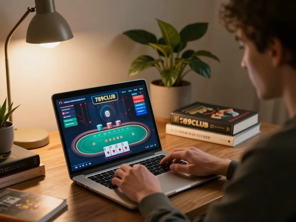 Player engaged in online poker game on 789CLUB platform, showcasing strategic focus.