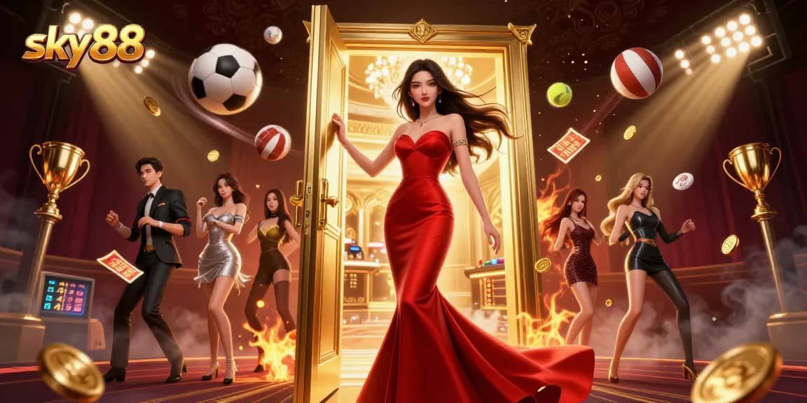 Experience thrilling moments at sky88 with a striking Asian woman in a VIP casino doorway, surrounded by dynamic game elements.