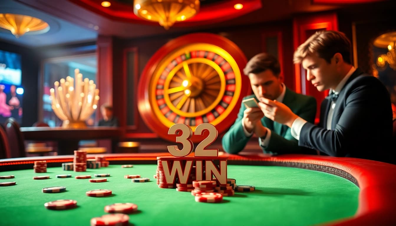 Experience thrilling gameplay at 32 WIN with vibrant casino tables and poker chips.