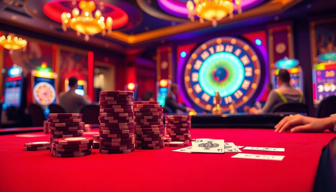 Exciting game bài đổi thưởng scene with players at a poker table, chips stacked high.