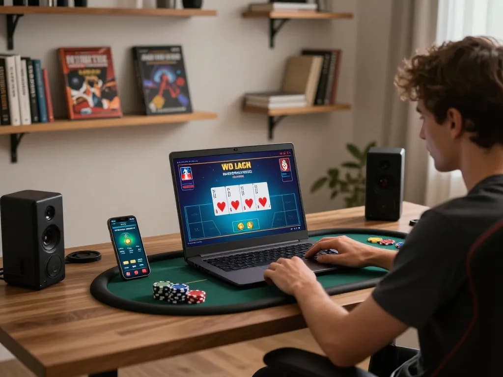 Player engaged in ALO8 online poker game from home setup, laptop screen with cards visible, cozy atmosphere.