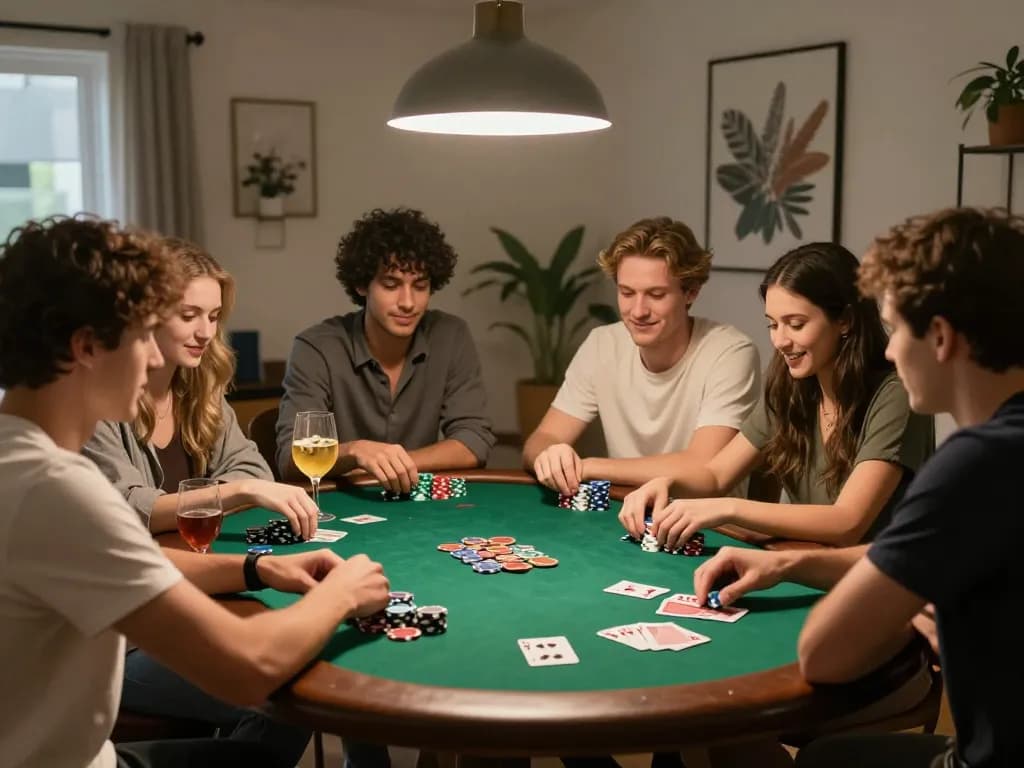 Friends enjoying a poker night at home with gem88 entertainment, chips and cards in play amid a warm atmosphere