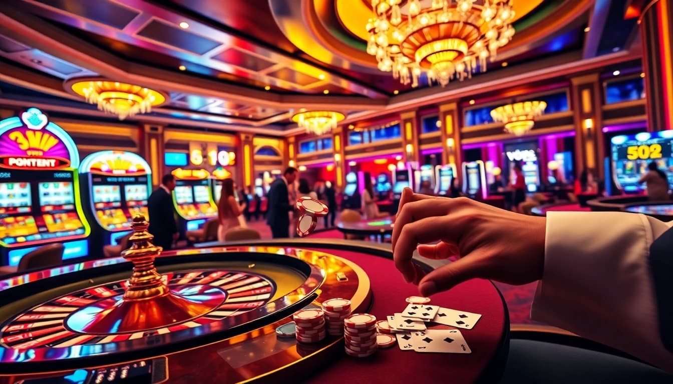 Win big at 33WIN casino with players enjoying various games and vibrant slot machines.